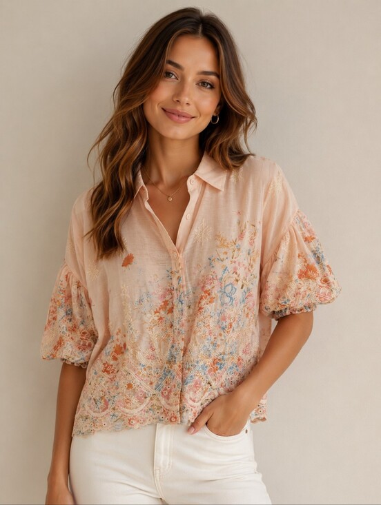 Liv Los Angeles Tops - 380.Liv Los Angeles Bohemian Floral Embroidered  Button-Front Puff Sleeve Top